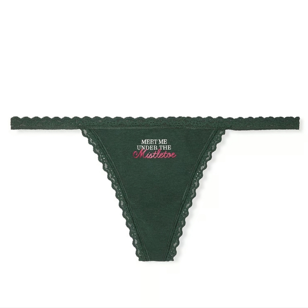 VICTORIA'S SECRET Lace-Trim Cotton Christmas V-String Panty MEDIUM